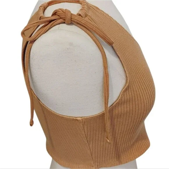 Aerie Tank Top Women's Cropped One Shoulder Tie Ribbed Playful Boho Beige XL - Picture 3 of 9